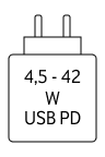 Das Gerät kann mit Netzteilen geladen werden, die eine Leistung zwischen 4,5 und 42 Watt USB PD liefern.